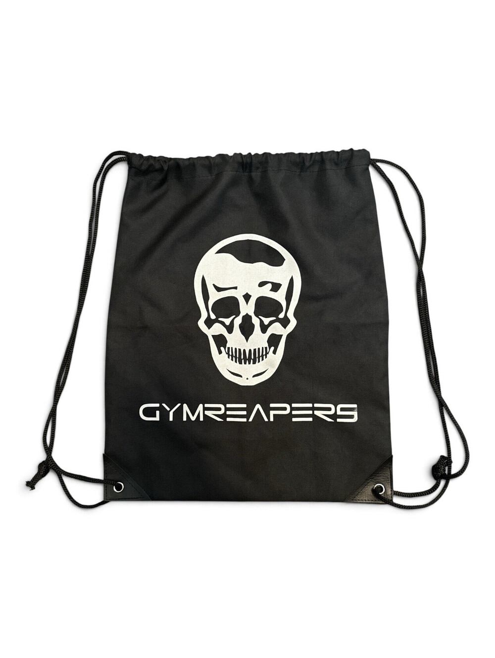 GYMREAPERS Medium Drawstring Gym Bag, Black/White Skull Logo, 16 in